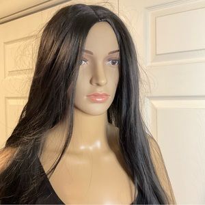 Very long, straight, dark brown synthetic wig.